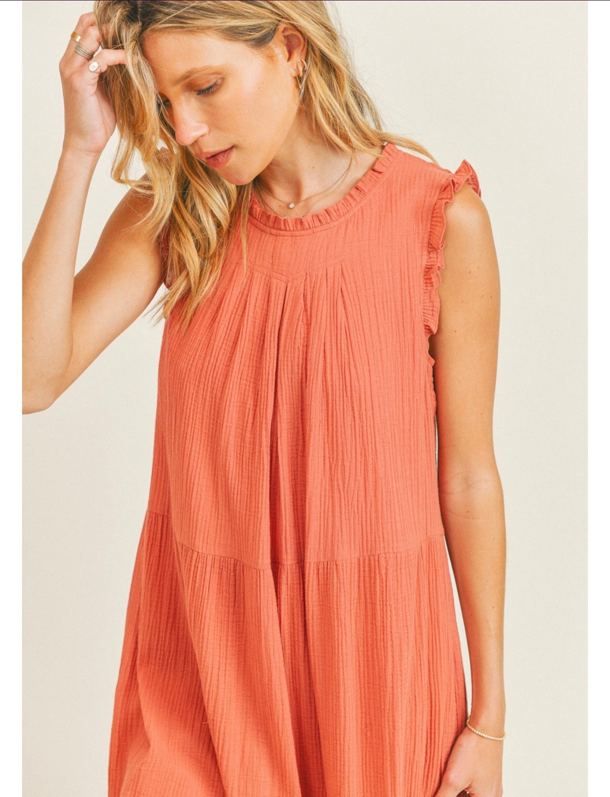 Terracotta Pin Tuck Ruffle Sleeve Midaxi Dress