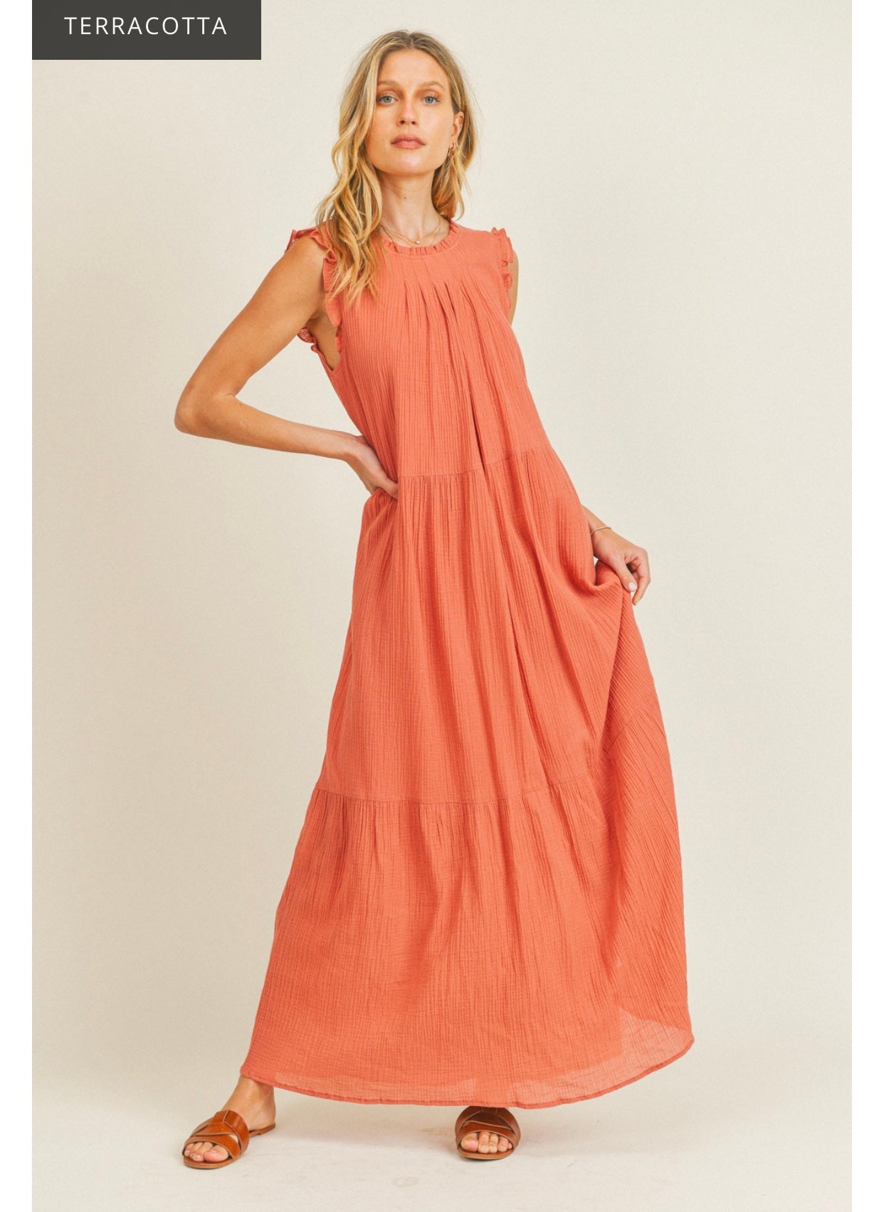 Terracotta Pin Tuck Ruffle Sleeve Midaxi Dress